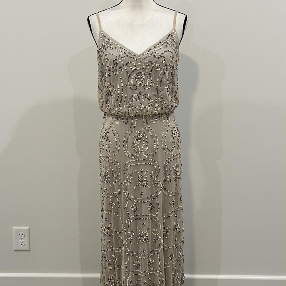 Adrianna Papell Gold Sequin Maxi Dress Spaghetti Strap